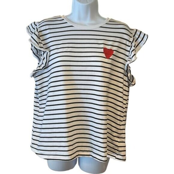Striped Shein Curve Womens T-Shirt With Red Heart Patch White & Black 2XL - Picture 1 of 10